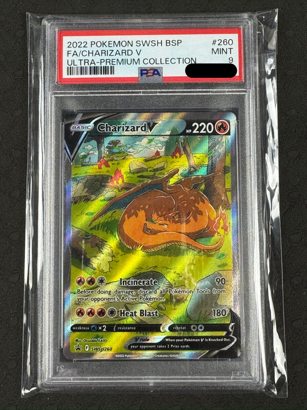 Carta Charizard V Full Art gradata PSA 9 in slab ufficiale Pokémon inglese.