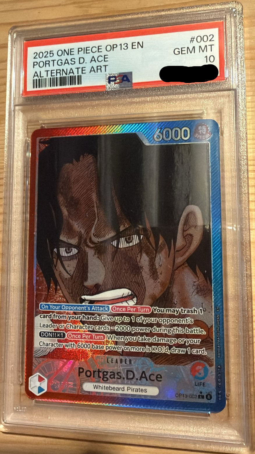 Carta One Piece Portgas D. Ace Leader Alternate Art gradata PSA 10 in slab