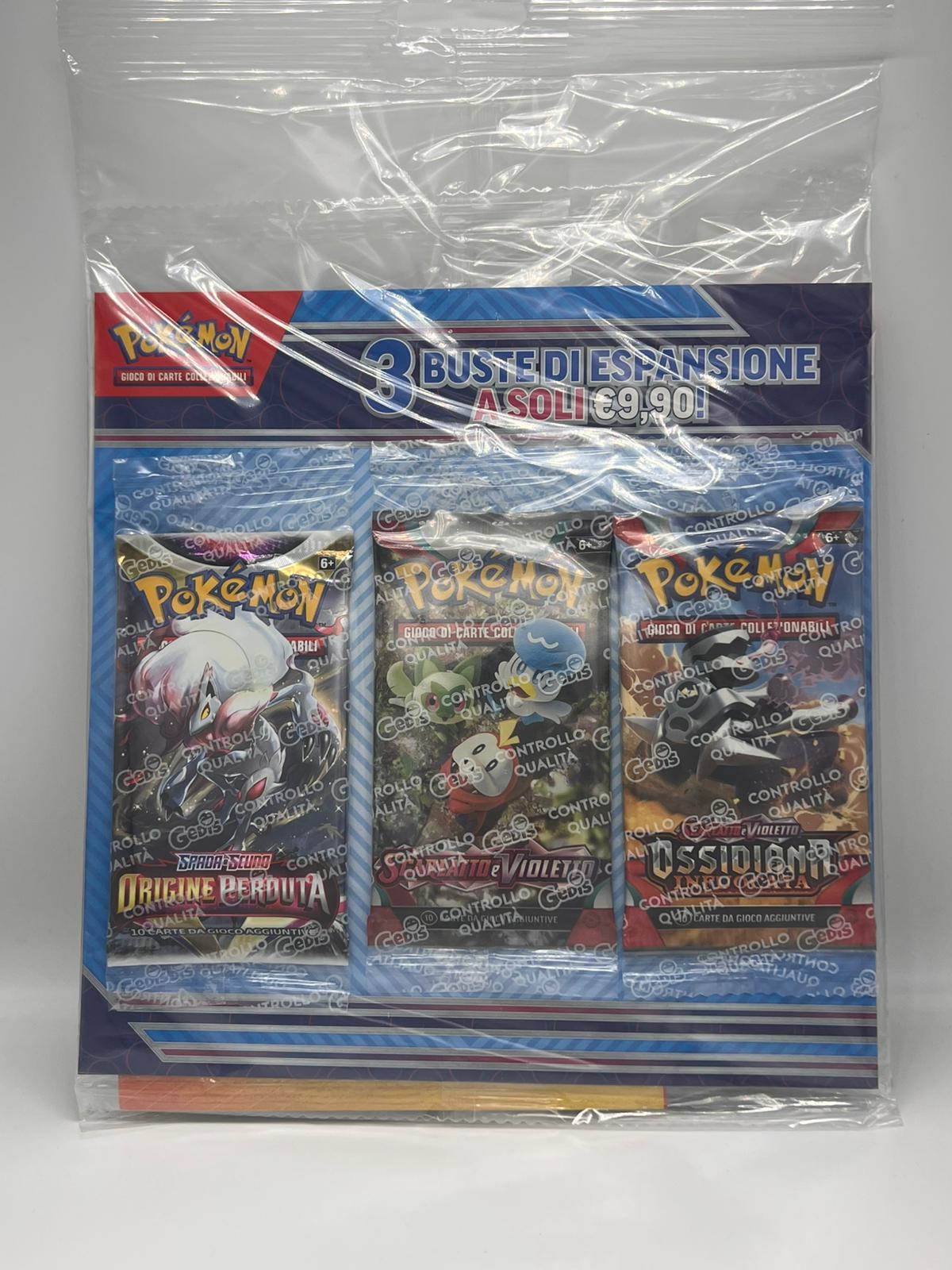 Pokemon Card - Blister di 3 bustine Spada e Scudo Origine Perduta, Scarlatto e violetto , Ossidiana Infuocata