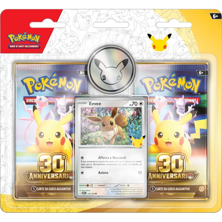 Pokémon 30° Anniversario GCC: 2 buste espansione, carta olografica Eevee e moneta