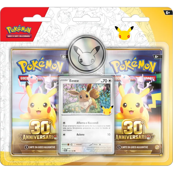 Pokémon 30° Anniversario GCC: 2 buste espansione, carta olografica Eevee e moneta