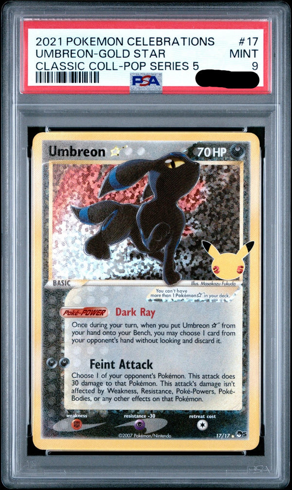 Carta Pokémon Umbreon Gold Star 17 gradata PSA 9 in slab protettiva