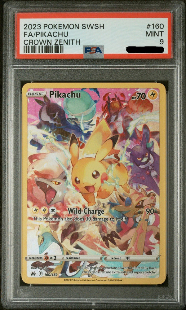 Carta Pokémon Pikachu Full Art 160 Crown Zenith gradata PSA 9 in slab