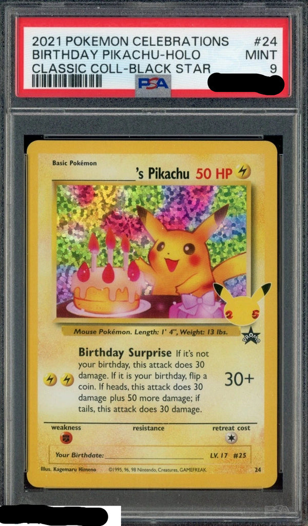 Carta Pokémon Birthday Pikachu gradata PSA 9 all'interno dello slab.