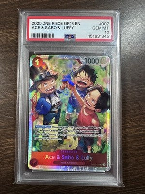 Carta One Piece Ace Sabo Luffy OP13 gradata PSA 10 all'interno della slab
