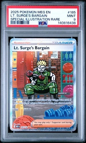 Carta Pokémon Lt. Surge's Bargain 185/132 PSA 9 in slab