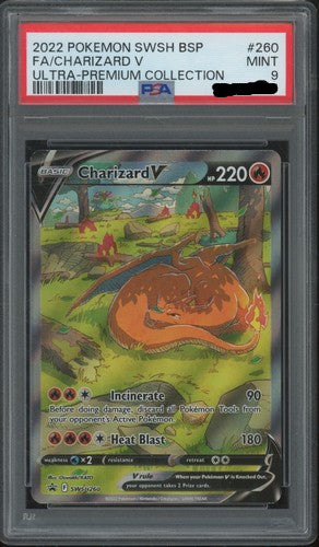 Carta gradata Pokémon Charizard V 260 UPC PSA 9 inglese per asta in custodia slab